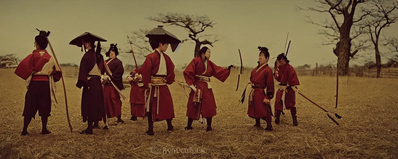 Prompt: 1 8 0 0 s japanese samurai cutting through spaghetti, rural, in the style of diane arbus, canon 5 0 mm, wes anderson, kodachrome, retro