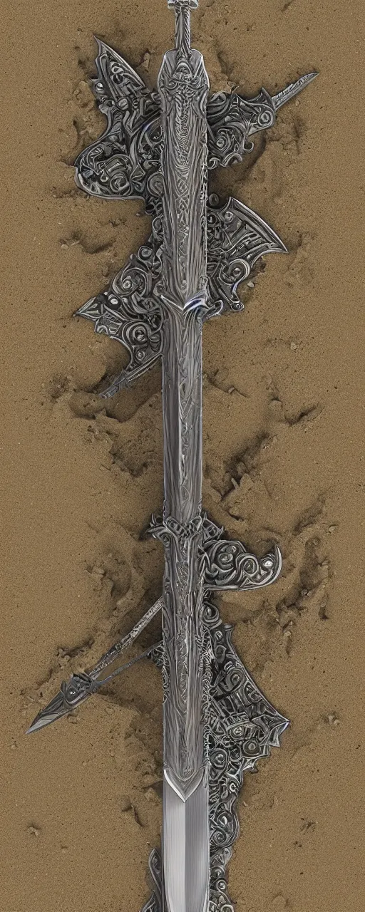 Prompt: sword of justice laying in the sand, ornate gem in golden pommel, engraved blade, serrated point, herringbone floor, low angle, greg rukowski, boris vallejo, highly detailed, intricate, focus, smooth, cinematic