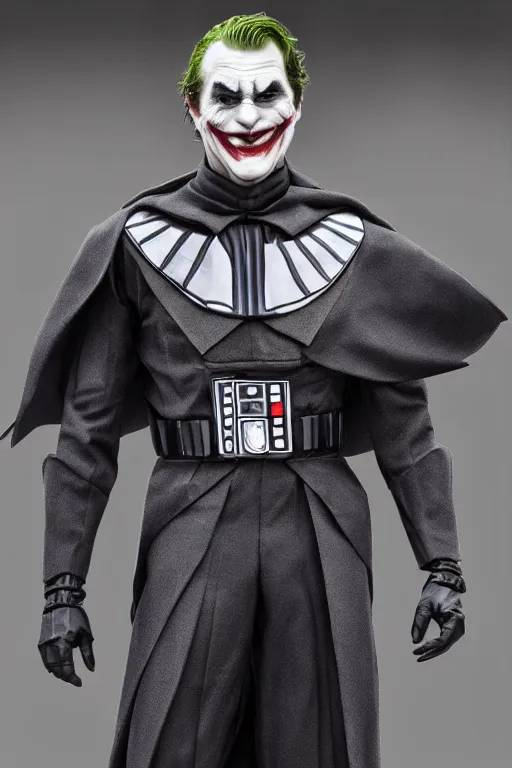 Prompt: Joker wearing vader's armor suit, realistic cosplay, full character, highly detailed, highly realistic