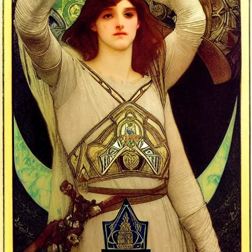 Image similar to The castle Knight, major arcana palace occult, by paul delaroche, alphonse mucha and arnold böcklin arnold böcklin hyperrealistic 8k, very detailed