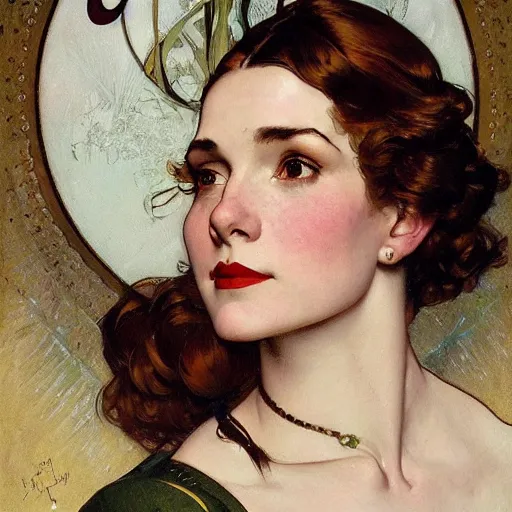 Prompt: portrait of beautiful woman by jc leyendecker, by norman rockwell, by alphonse mucha, by greg rutkowski