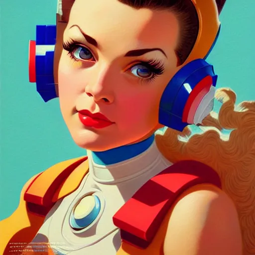 Image similar to head and shoulders portrait of a female Megaman, illustration, medium shot, intricate, elegant, highly detailed, digital art, ffffound, art by gil elvgren and sachin teng