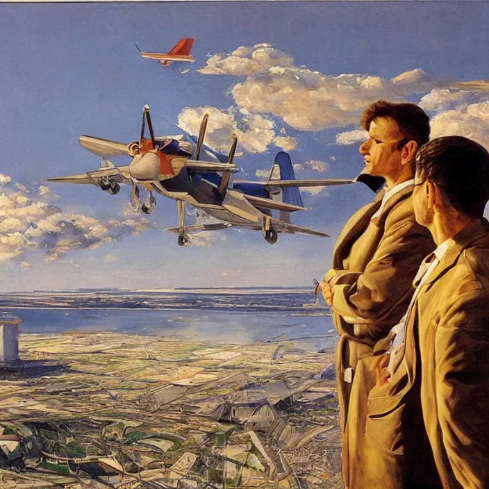 Prompt: airplane watching worried a screen with flight information. painting by jacek malczewski, moebius