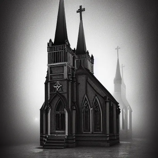 Image similar to victorian church in the middle of the city, dark, misty, at night, 8 k, detailed, concept art, trending on artstation