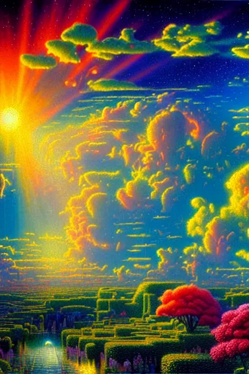 Prompt: a photorealistic detailed cinematic image of a beautiful vibrant iridescent future for human evolution, spiritual science, divinity, utopian garden, lifeforms, cumulus clouds, intelligent design, ornate architecture, isometric, by david a. hardy, kinkade, lisa frank, wpa, public works mural, socialist