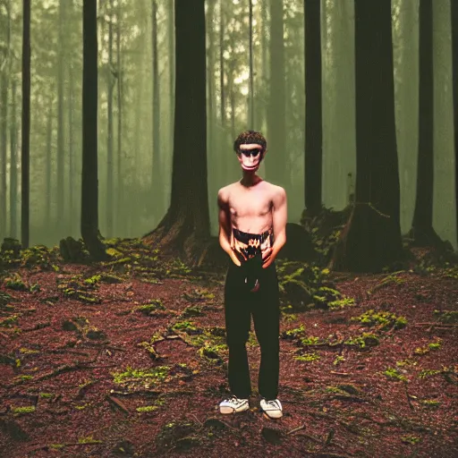 Image similar to close up kodak portra 4 0 0 photograph of a skinny guy standing in a dark forest, flower face, moody lighting, telephoto, 9 0 s vibe, blurry background, vaporwave colors, faded!,