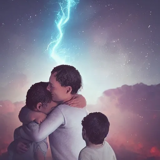 Image similar to “ a family hugging each other for the last time as the world is ending, meteors are falling from the sky, everything is on fire, dramatic lighting, digital art, very very very very very very beautiful, 8 k, dark lighting, trending on artstation, award winning ”