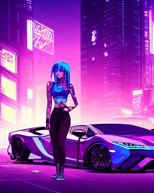 Prompt: digital illustration of cyberpunk pretty girl with blue hair, standing in front of a purple lamborghini, in junkyard at night, by makoto shinkai, ilya kuvshinov, lois van baarle, rossdraws, basquiat