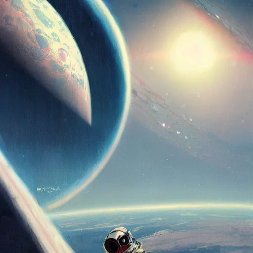 Prompt: futurism pop art of an astronaut watching earth from the moon, by greg rutkowski