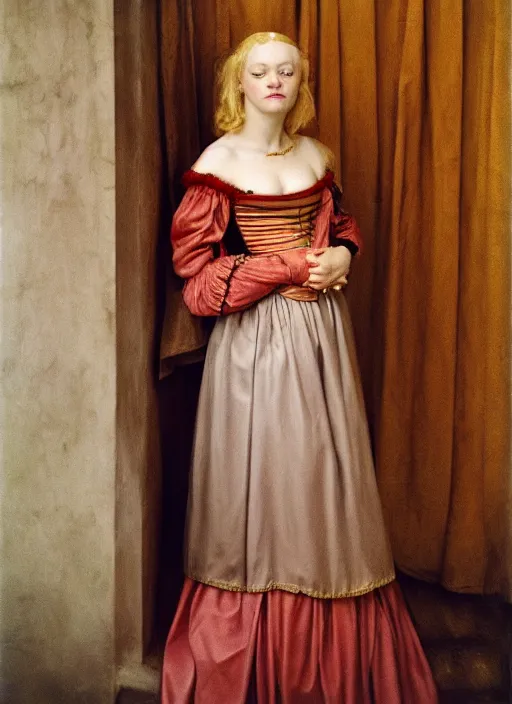 Prompt: young blonde woman in renaissance dress, color portrait by nan goldin