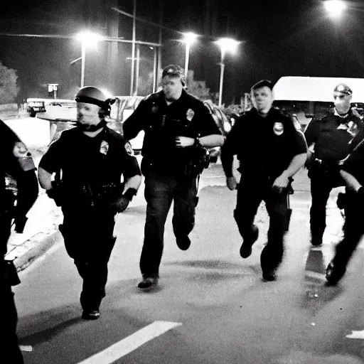 Image similar to Ted Cruz with a wide grin being chased down by multiple police officers, black and white, creepy lighting, foggy atmosphere, scary, horror, ornate, eerie, fear