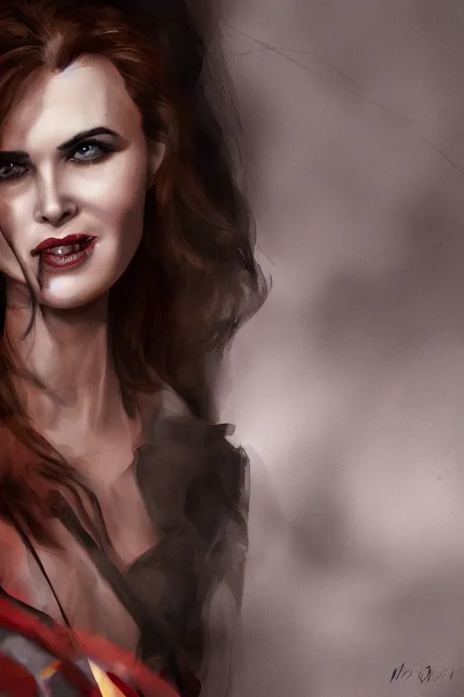 Image similar to mix of beautiful young maria shriver, mariel hemmingway, brooke shields, nicole kidman and elle macpherson as a vampire with mouth open with sharp teeth, thin lips, hair tied up in a pony tail, dark blonde hair, colorful, artstation, cgsociety