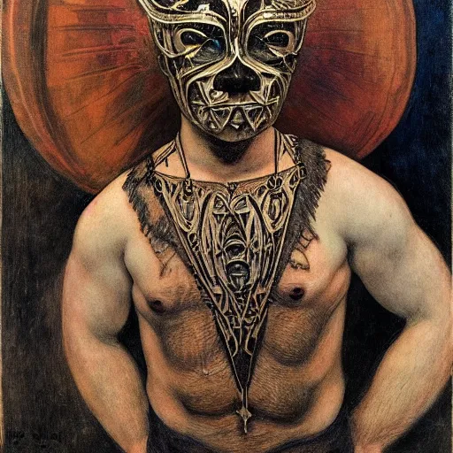 Image similar to the masked prince wearing the bone crown, by Annie Swynnerton and Diego Rivera and Elihu Vedder, symbolist, dramatic lighting, elaborate geometric ornament, tattoos, Art Brut, soft cool colors,smooth, sharp focus, extremely detailed, Adolf Wölfli and Donato Giancola