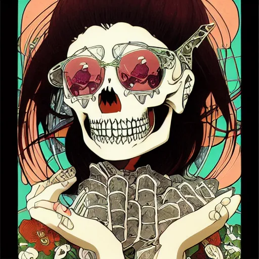 Image similar to anime manga skull portrait girl female skeleton illustration hyperrealistic art Geof Darrow and will cotton alphonse mucha pop art nouveau