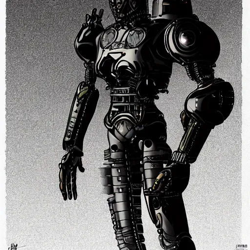 Image similar to a cyborg warrior in black mechanical armour by Moebius, 8k, detailed