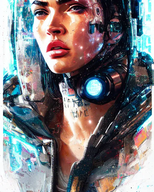 Image similar to detailed portrait megan fox cyborg operator girl cyberpunk futuristic neon reflective puffy coat, decorated with traditional japanese ornaments by ismail inceoglu dragan bibin hans thoma greg rutkowski alexandros pyromallis nekro rene margitte illustrated perfect face, fine details, realistic shaded, fine - face, pretty face