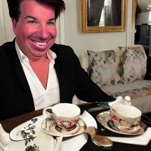 Prompt: jodie marsh/Michael mcintyre hybrid having tea at the ritz