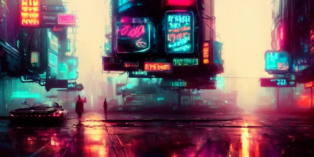 Image similar to beautiful painting by jeremy mann, cyberpunk street, neon signs, still from enter the void movie, pastel hypercolor scheme, oil painting, perfect composition, detailed octane render trending on artstation, misty, ominous, 8 k artistic photography, volumetric cinematic perfect light, wlop, alena aenami, greg rutkowski