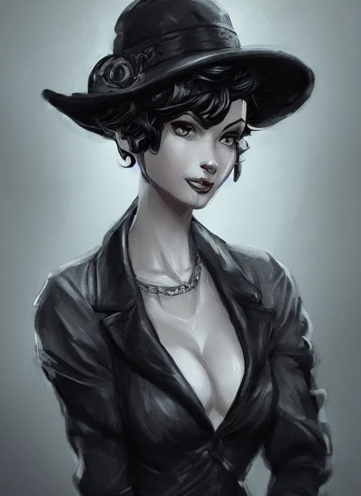 Image similar to a highly detailed illustration of curly short haired girl wearing noir hat and suit, dramatic smiling pose, intricate, elegant, highly detailed, centered, digital painting, artstation, concept art, smooth, sharp focus, league of legends concept art, WLOP