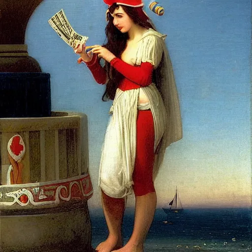 Image similar to A girl with jester hat and clothes on a greek circle archi on the front of a Balustrade with a beach and a sail boat on the background at night, major arcana cards, by paul delaroche and arnold böcklin hyperrealistic 8k, very detailed