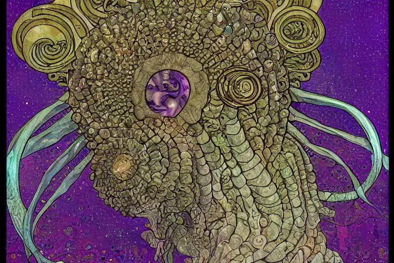 Prompt: fossilized amethyst trilobite shoggoth nyarlathotep, muted colour palette with iridescent highlights, klimt, mucha, art nouveau, stained glass, bold lines, realistic, insane details, 8 k