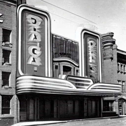 Prompt: an Art Deco theater facade in 1922 with a car parked outside