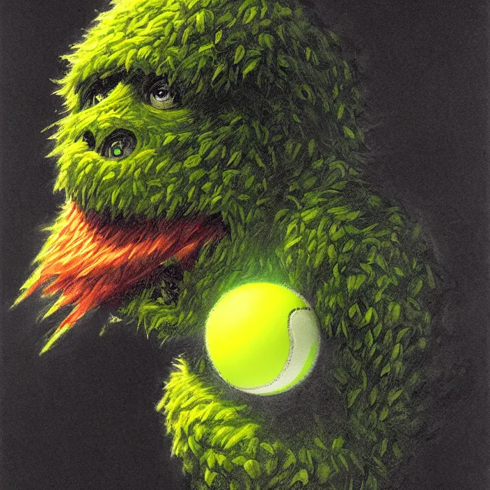 Image similar to cinematic portrait of a tennis ball monster in the abyss of space, chalk, masterpiece, trending on artstation, featured on pixiv, cinematic composition, dramatic pose, beautiful lighting, sharp details, hyper-detailed, HD, HDR, 4K, 8K, art by Basil Gogos