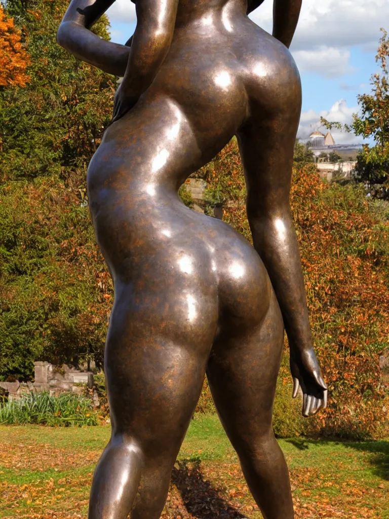 Image similar to detailed photo of old bronze patina statue of seductive curvy girl, super highly detailed, full body view, various poses, au blurry distant background with garden of ancient castel, photorealism, intricate detail, museum diffuse lighting, autumn sunlights