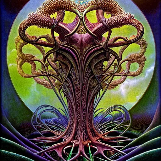 Prompt: divine chaos engine by roger dean and andrew ferez, tree of life, symbolist, visionary, art forms of nature by ernst haeckel, art nouveau, botanical organic fractal structures, surreality, detailed, realistic, deep rich moody colors