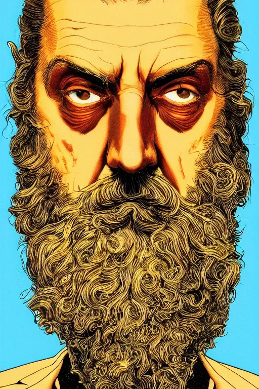 Prompt: a close-up portrait of Alan Moore, dramatic backlighting, golden hour, autochrome, high contrast, highly detailed, sharp focus, digital painting, concept art, illustration, rock, comicpunk, trending on artstation, art by moebius and greg hildebrandt, composition by Shepard Fairey