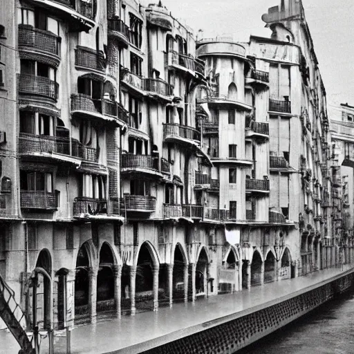 Image similar to barcelona in 1 9 1 8, retrofuturism, steampunk, gothic quarter, modernist buildings, art deco, footbridges between houses, steam pipes