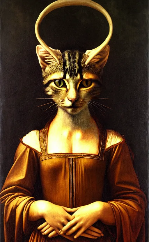Prompt: a bipedal cat that has goat horns, anthropomorphic cat that is wearing robes, oil painting by leonardo da vinci, eldritch, magical, fog, noble, full body portrait, extremely detailed, cult, ritual, 4 k, 8 k