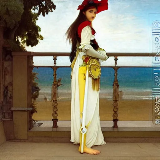 Image similar to A girl with jester clothes and a sword on the front of a Balustrade with a beach on the background, major arcana clothes, by paul delaroche, alphonse mucha and arnold böcklin arnold böcklin hyperrealistic 8k, very detailed