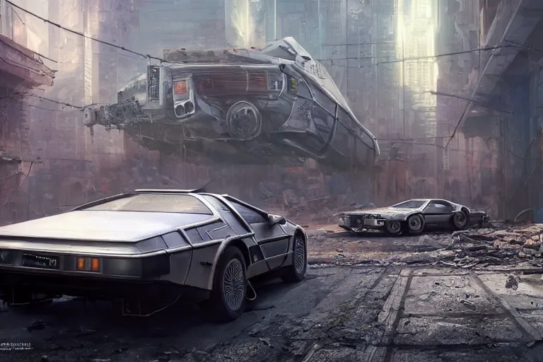 Image similar to highly detailed photorealistic rendering of a delorean parked on the streets of a cyberpunk abandoned city with the door open, futuristic post - apocalyptic vibe, by greg rutkowski and stanley artgerm and alphonse mucha, octane, sharp focus, hyperrealistic, unreal engine 5, vray, masterpiece