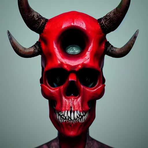 Image similar to hyper realistic skull with bull horns coming out of eye sockets, red, artstation, 8 k render, octane, fueled by caffeine : : tim burton