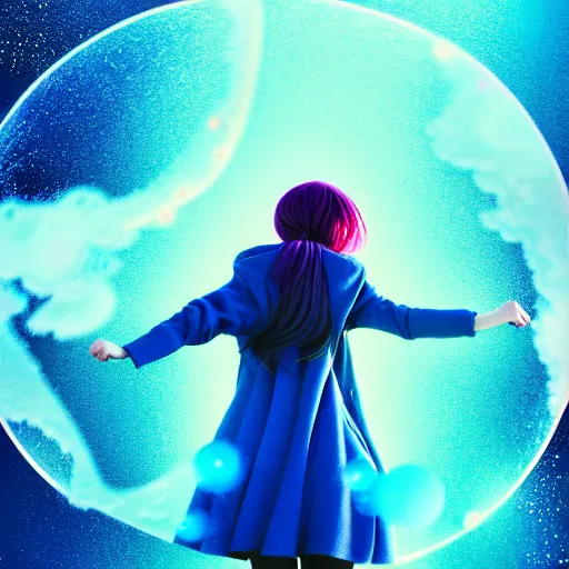 Image similar to blue sparks and bubbles flitting around a flying anime girl with long sky blue hair, low - angle shot from behind, blue coat, fur scarf, ultra fine detail, dark theme, realistic painting, photography, psychedelic, film still, cinematic, long exposure, wlop, ilya kuvshinov, ismail inceoglu,