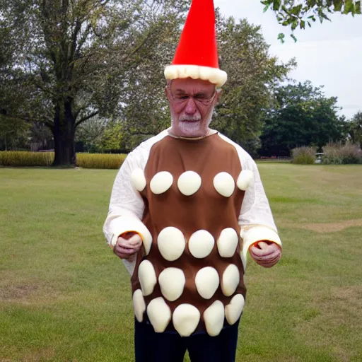 Prompt: a photograph of an old man wearing an elaborate ice cream cone costume