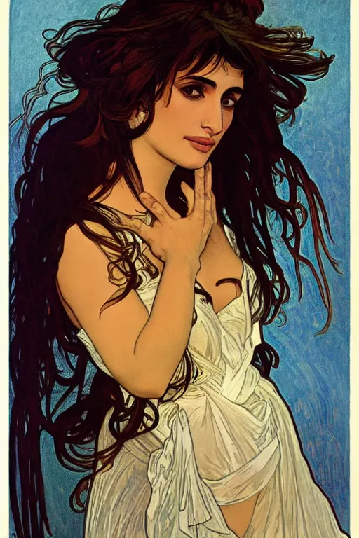 Image similar to portrait of penelope cruz, artwork by alphonse mucha