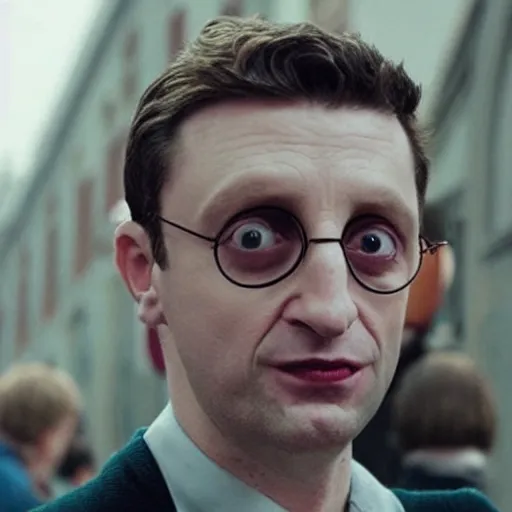 Prompt: “Tim Robinson as Harry Potter, live action movie still”