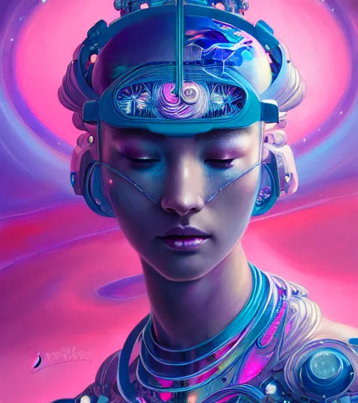 Image similar to porttait of a beautiful celestial Hawaiian pearlescent rgb Goddess wearing a futuristic lush Japanese battlesuit exposed in cryo chambers by James Jean, royal blue and pink theme, intricate, elegant, highly detailed, centered, digital painting, artstation, concept art, smooth, sharp focus, illustration, by Peter Mohrbacher, WLOP