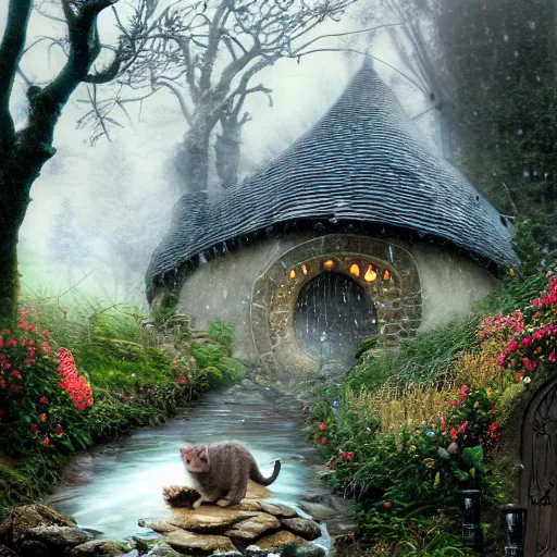 Image similar to cat in medieval hobbit house, ornate, beautiful, atmosphere, vibe, mist, smoke, fire, chimney, rain, wet, pristine, puddles, melting, dripping, snow, creek, lush, ice, bridge, forest, roses, flowers, by stanley artgerm lau, greg rutkowski, thomas kindkade, alphonse mucha, loish, norman rockwell