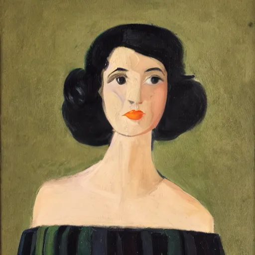 Image similar to a portrait of a young woman from the fifties, seated in front of a landscape background, her black hair is a long curly, she wears a dark green dress, pleated in the front with yellow sleeves, puts her right hand on her left hand, oil painting