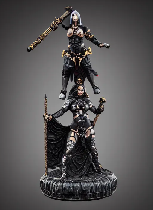 Prompt: 80mm resin detailed miniature of a Very Muscular Queen, angry, black skin, long cloak, bikini-armor, iron crown, Shaved Skinhead, on textured disc base, Company logo in upper left corner; Miniature product Photo, 4K, Full body