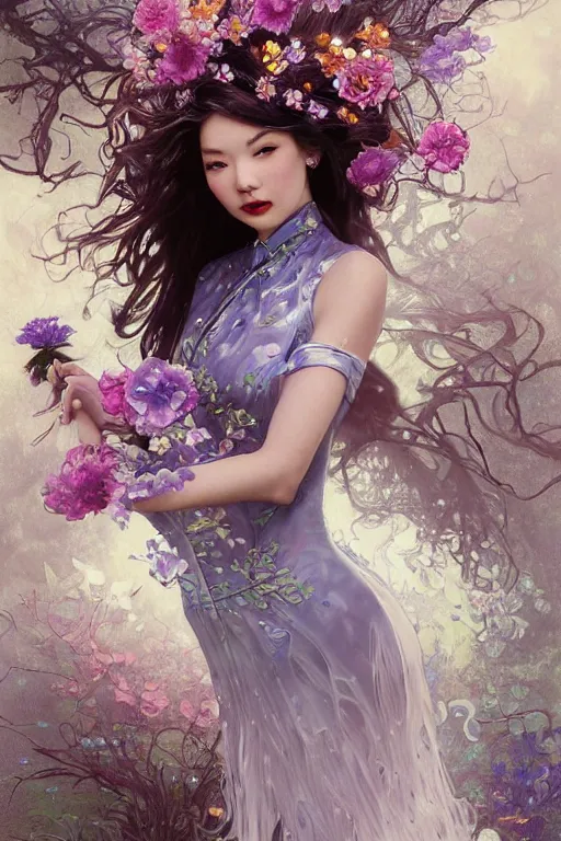 Image similar to portrait of a beautiful woman wearing a cheongsam dress, holding a bouquet of flowing flowers, drenched body, silver hair, emerging from the water, dark fantasy, regal, fractal crystal, fractal gems, by ross tran, stanley artgerm lau, thomas kindkade, alphonse mucha, loish, norman rockwell