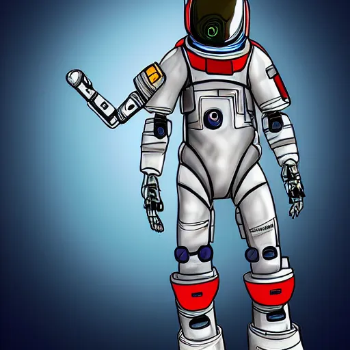 Prompt: A character sketch of a scifi robot wearing a space suit, digital art