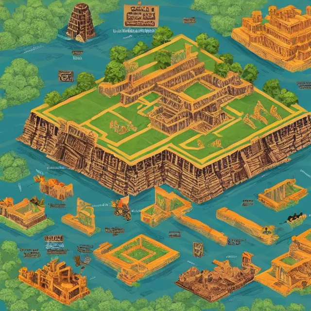 Image similar to an isometric game map of Tikal, Lost World Pyramid, Tikal Temple IV, Maya Temples