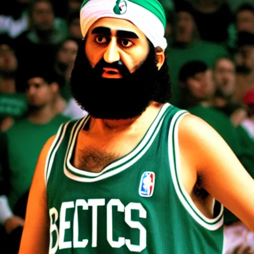 Image similar to facial portrait of osama bin laden shooting free throws, boston celtics jersey, wearing a headband, sweating, focused