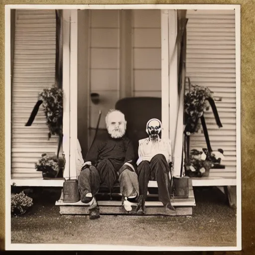 Prompt: tired miniature bearded old man and his giant skeleton wife sit in rocking chairs on on the porch of their house, 8mm photography