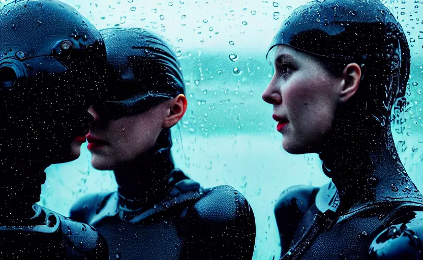 Image similar to cinestill 5 0 d candid photographic portrait by christopher nolan of two loving female androids sobbing wearing rugged black mesh techwear in treacherous waters, flooded city, medium closeup, modern cyberpunk moody emotional cinematic, pouring iridescent rain bright spotlight, 8 k, hd, high resolution, 3 5 mm, f / 3 2, ultra realistic faces, ex machina