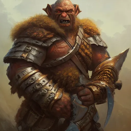 Prompt: a detailed portrait of an orc warrior dressed with a rugged armor, by justin gerard and greg rutkowski, digital art, realistic painting, dnd, character design, trending on artstation